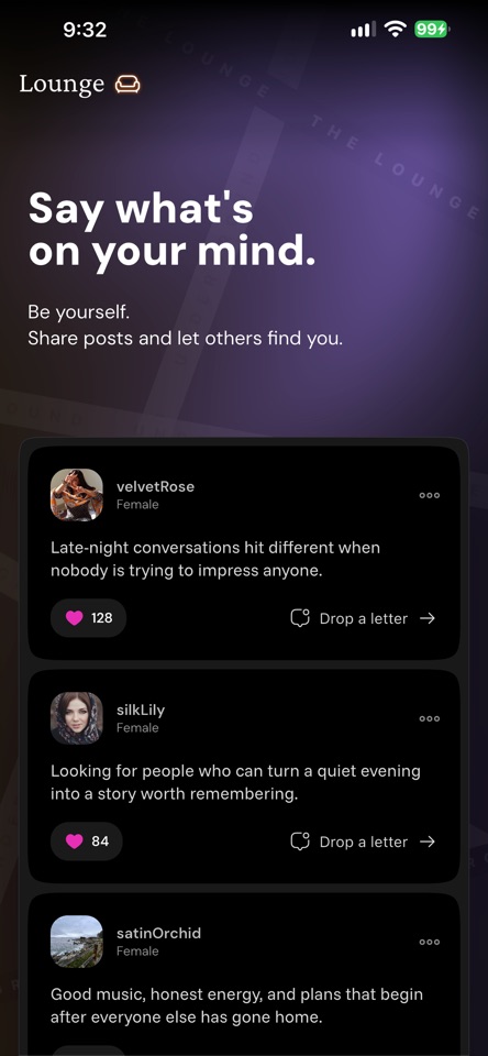 The Underground Lounge: a purple-lit space to share thoughts and discover conversations.